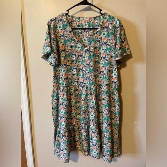 JODIFL Floral Teal/Pink Short Flutter Sleeve Dress Button Front Tiered Small - Picture 1 of 10
